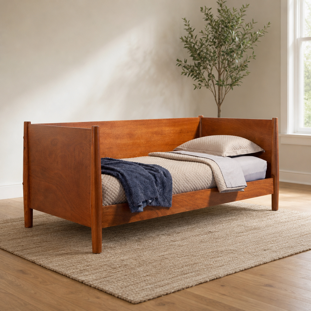 Flynn Mid Century Modern Twin Size Day Bed centered in a warm neutral furnished room