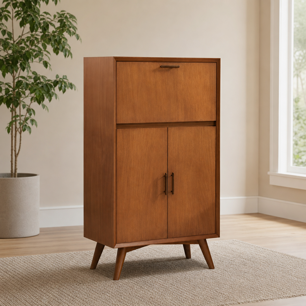 Flynn Large Bar Cabinet with Drop Down Tray centered in a warm neutral furnished room