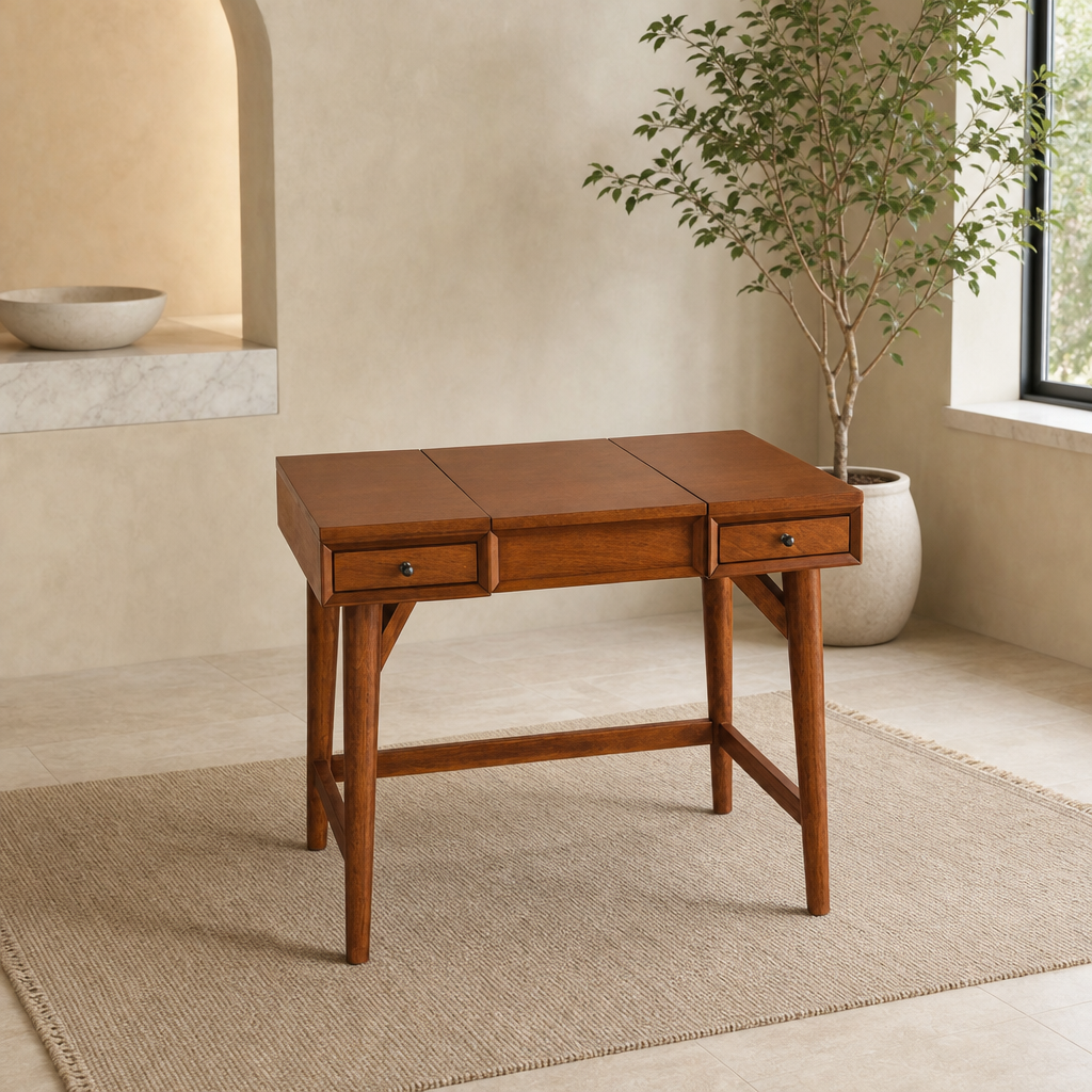 Flynn Bedroom Vanity centered in a warm neutral furnished room