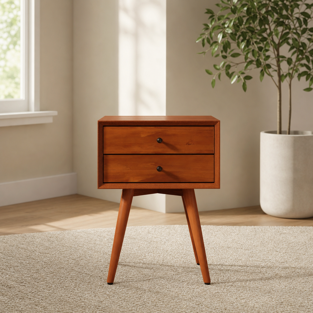 Flynn Small Nightstand centered in a warm neutral furnished room