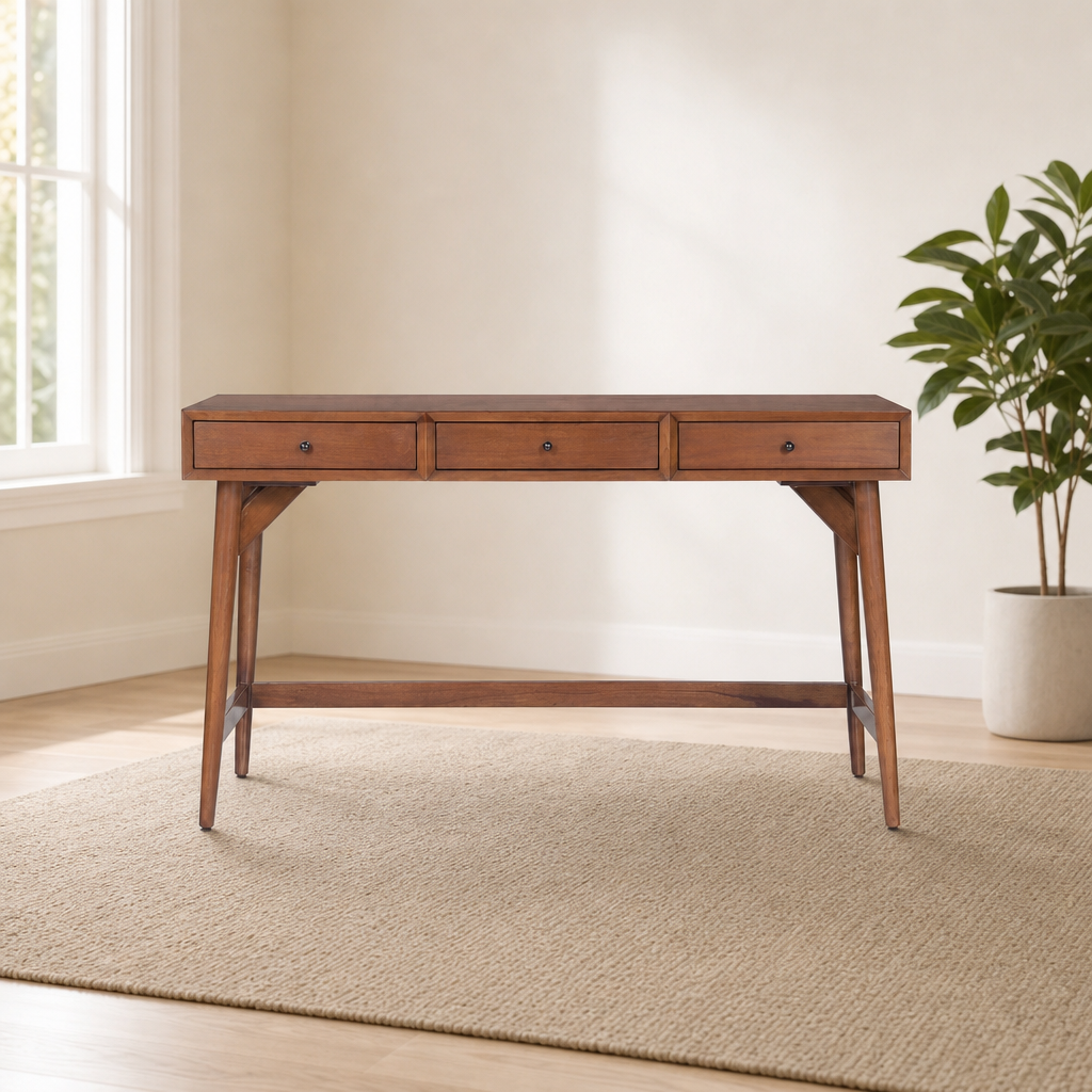 Flynn Large Desk centered in a warm neutral furnished room