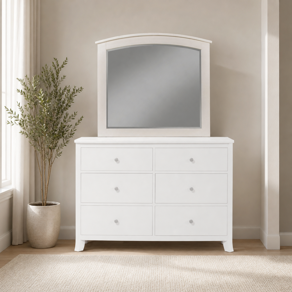 Baker Dresser Mirror, White centered in a warm neutral furnished room
