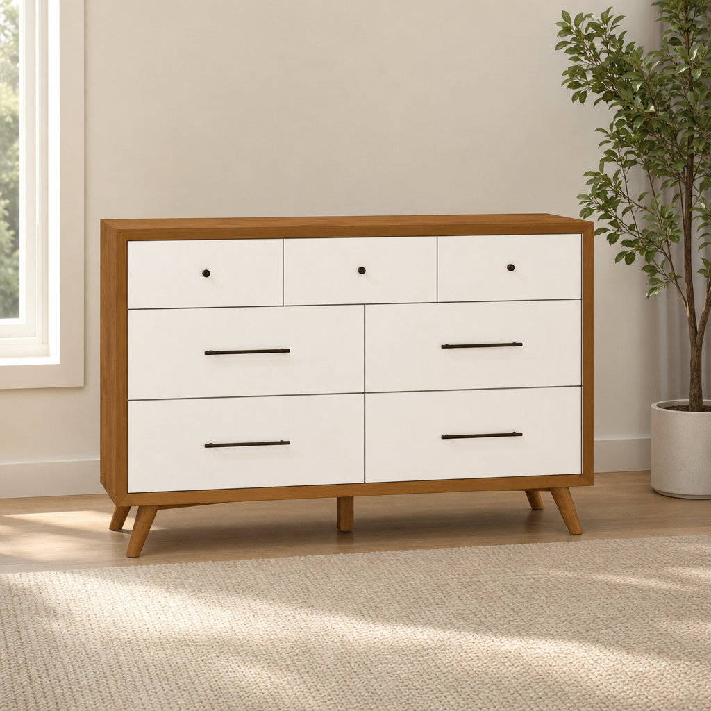 Flynn 7 Drawer Two Tone Dresser, Chestnut/White centered in a warm neutral furnished room