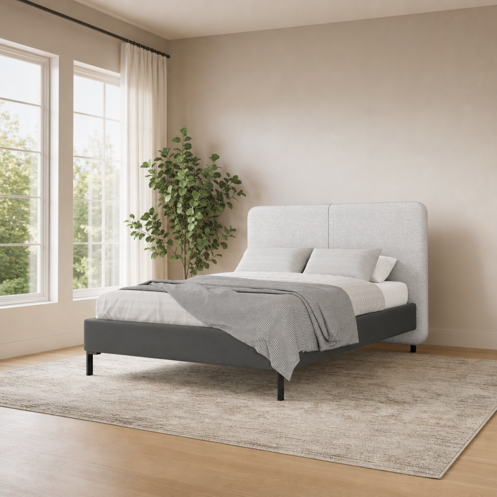 Walden Standard King Bed, Light & Dark Grey centered in a warm neutral furnished room
