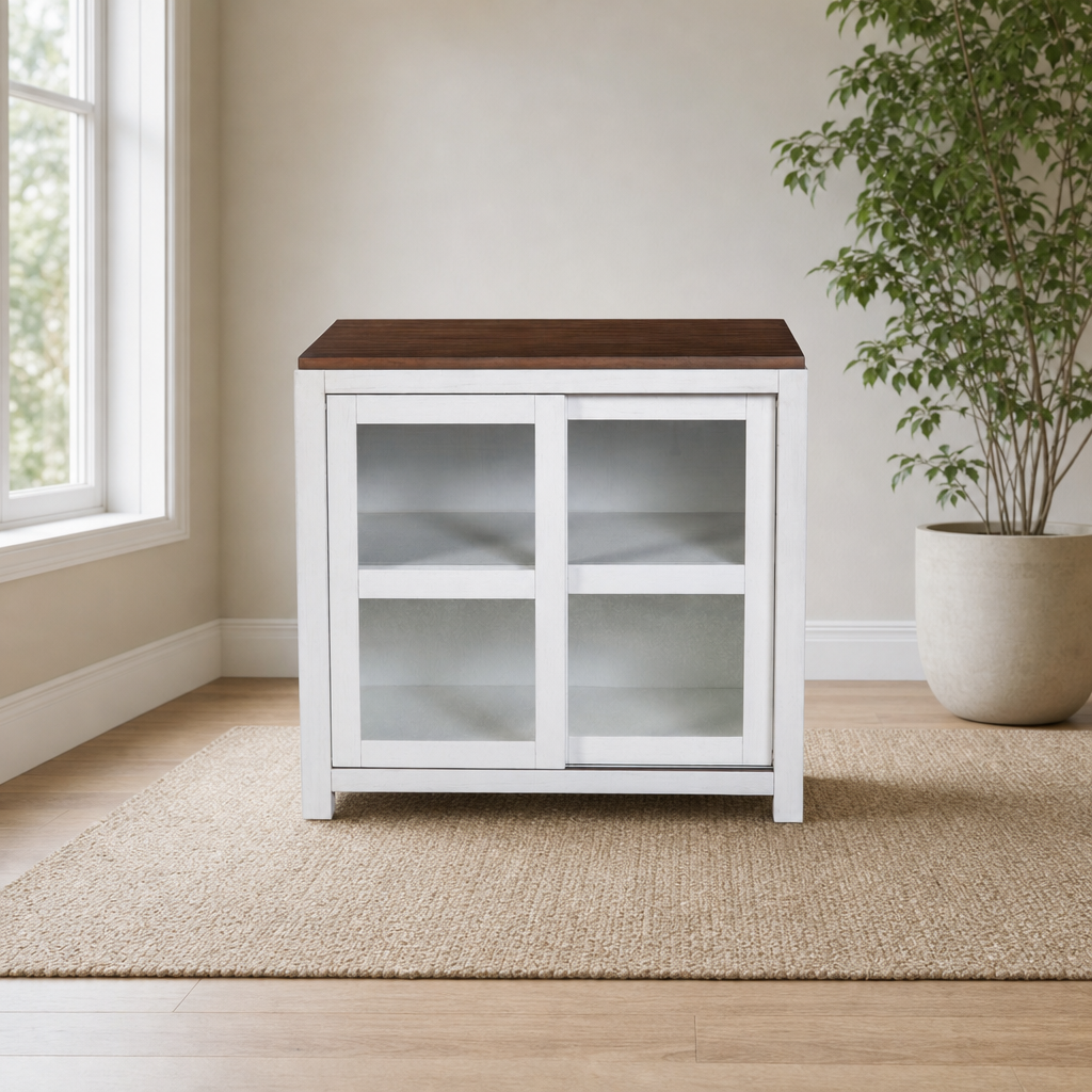 Donham Small Display Cabinet, Mystic Brown & White centered in a warm neutral furnished room