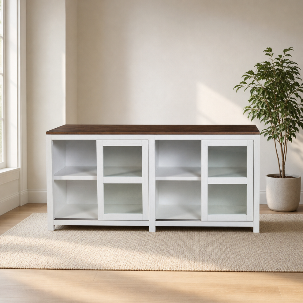Donham Large Display Cabinet, Mystic Brown & White centered in a warm neutral furnished room