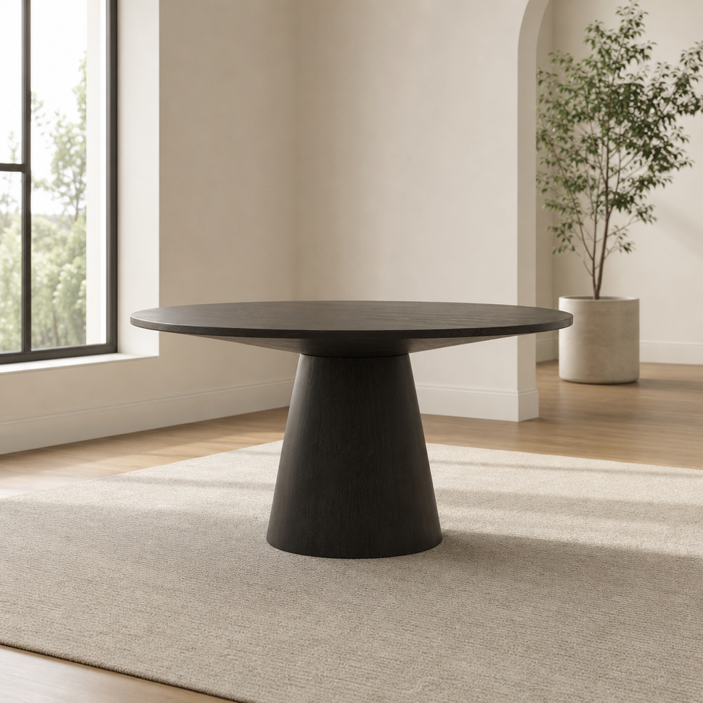 Cove Round Dining Table centered in a warm neutral furnished room