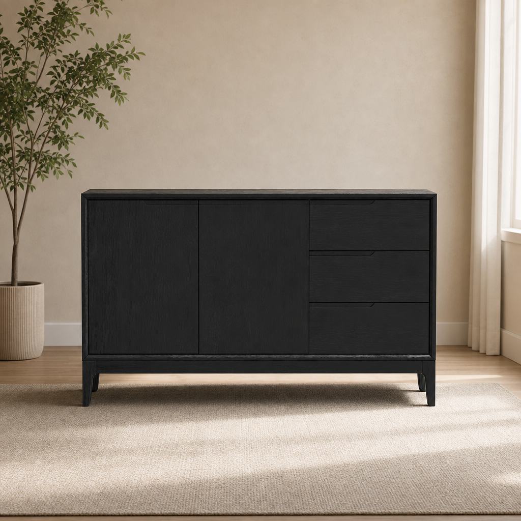 Cove Server, Vintage Black centered in a warm neutral furnished room