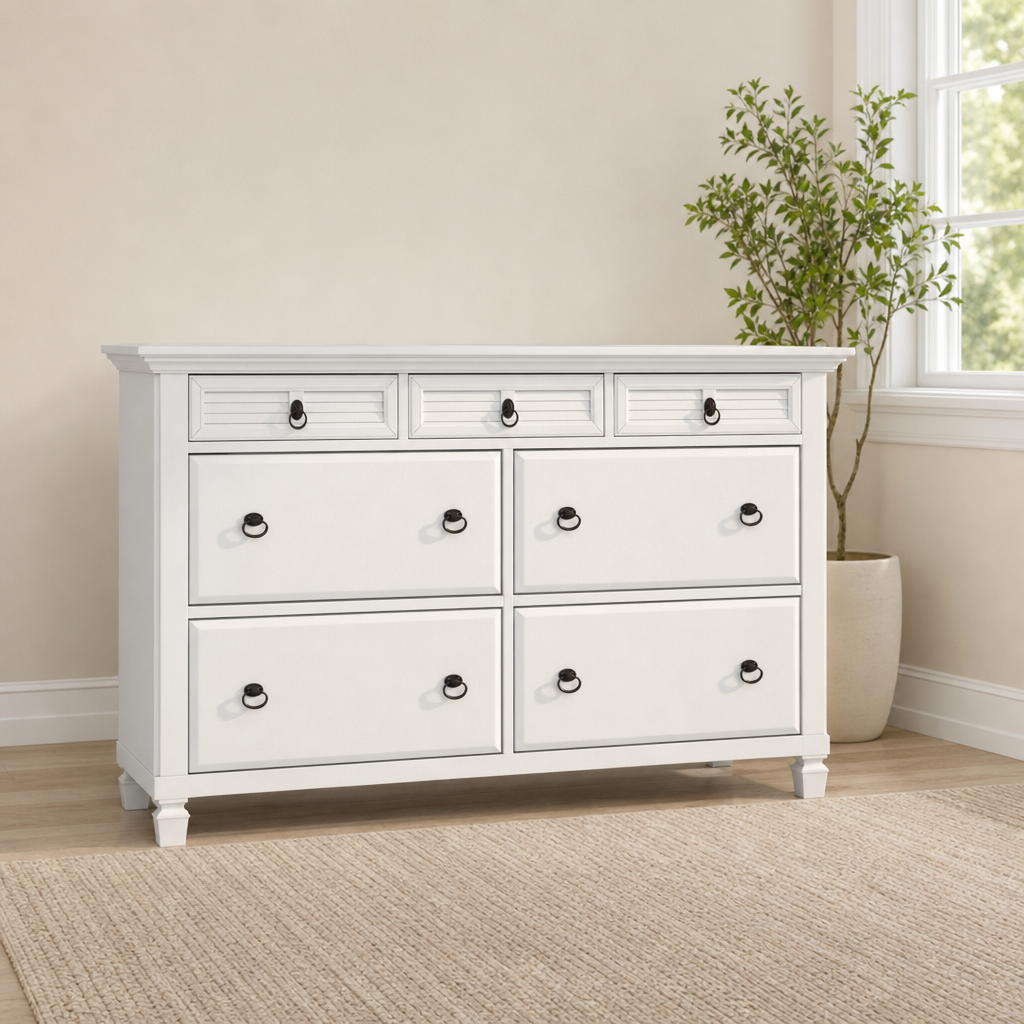 Winchester 7 Drawer Dresser, White centered in a warm neutral furnished room