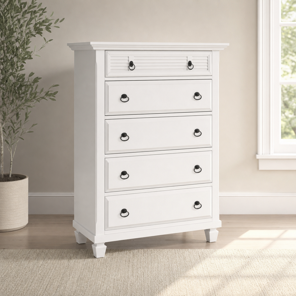 Winchester 5 Drawer Chest, White centered in a warm neutral furnished room