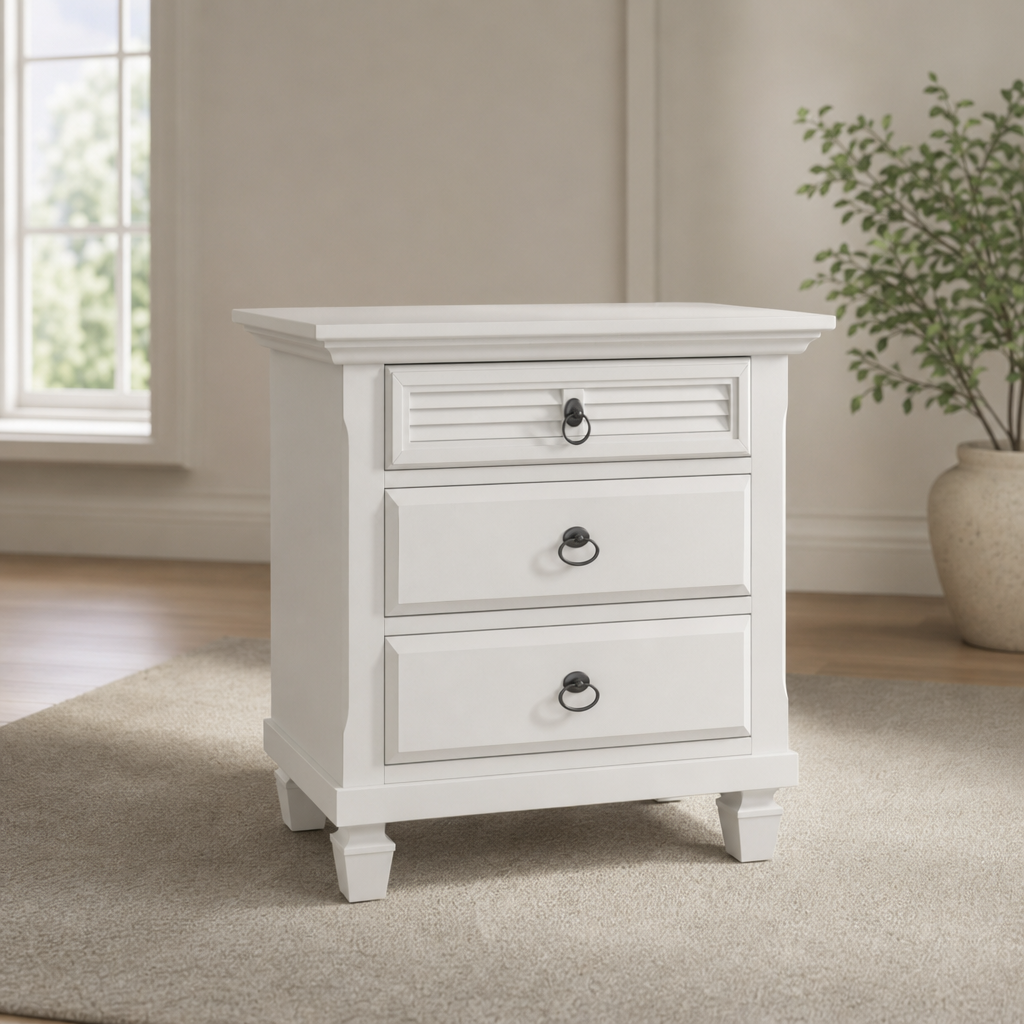 Winchester 3 Drawer Nightstand, White centered in a warm neutral furnished room