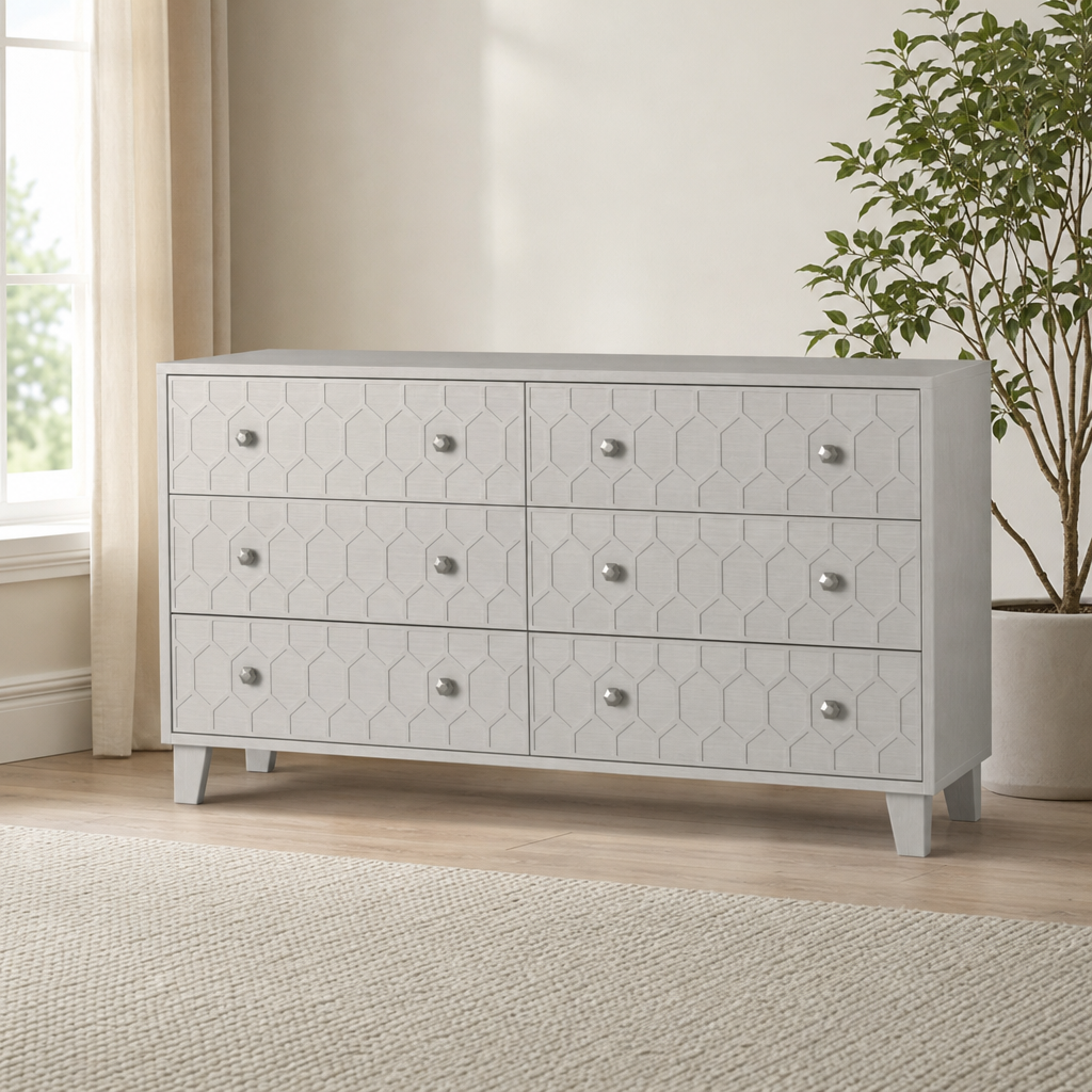 Denver Six Drawer Dresser, Gray centered in a warm neutral furnished room