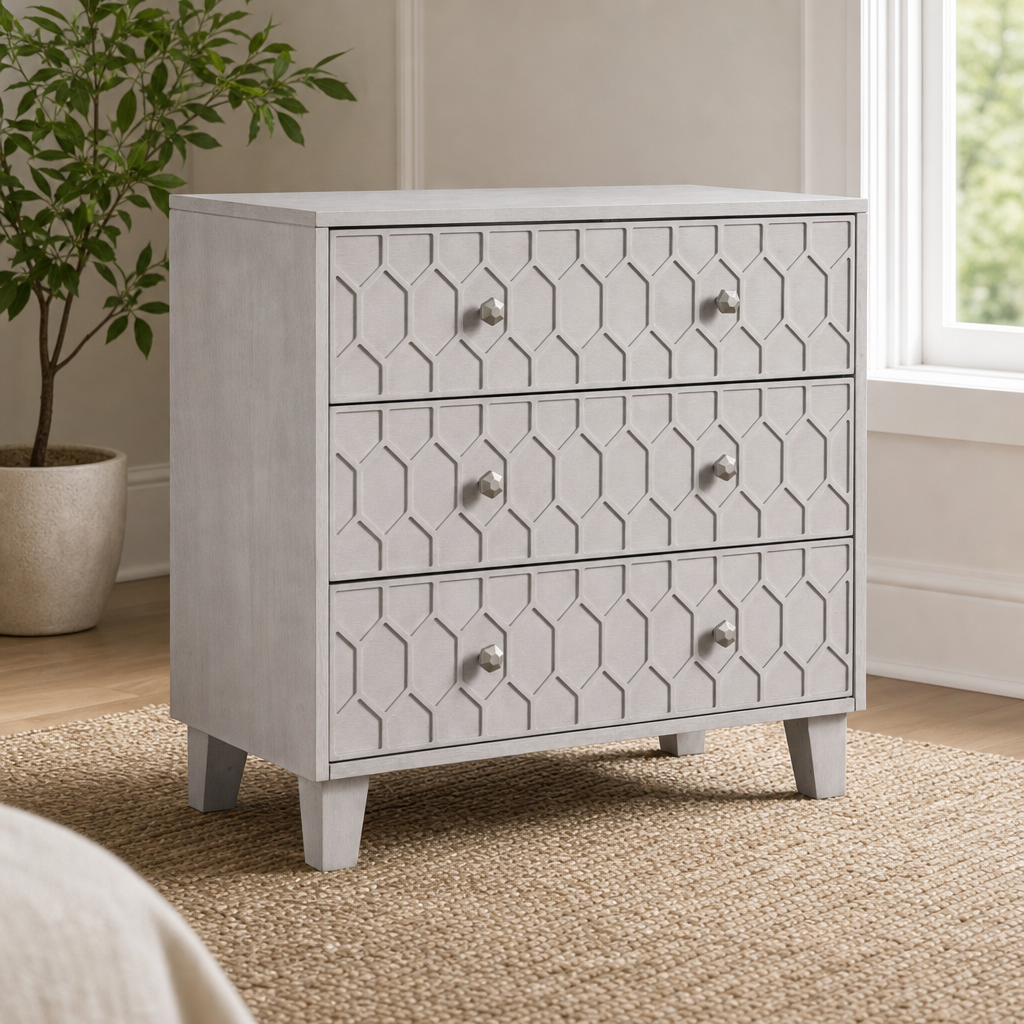 Denver Three Drawer Small Chest, Gray centered in a warm neutral furnished room