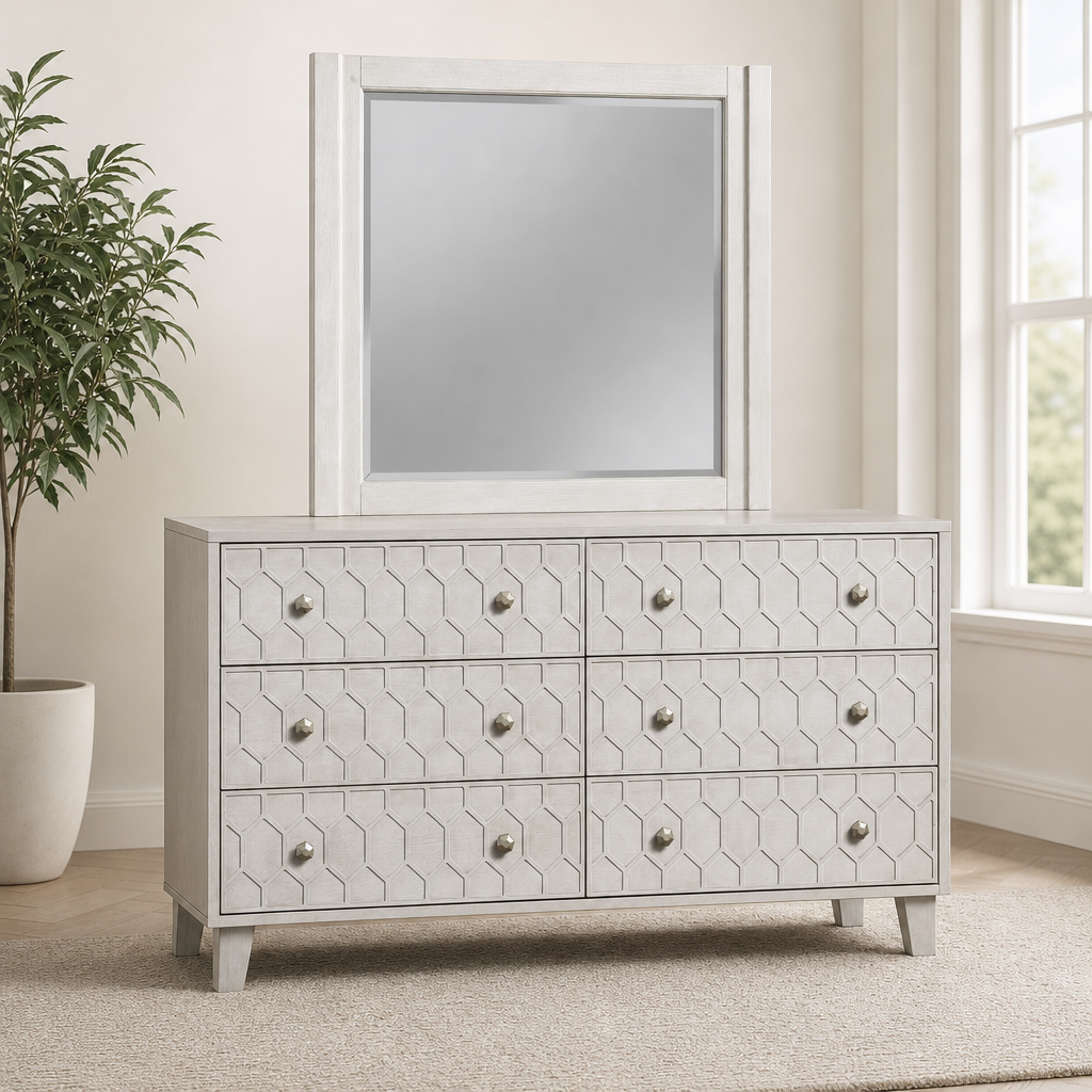 Denver Dresser Mirror, Gray centered in a warm neutral furnished room
