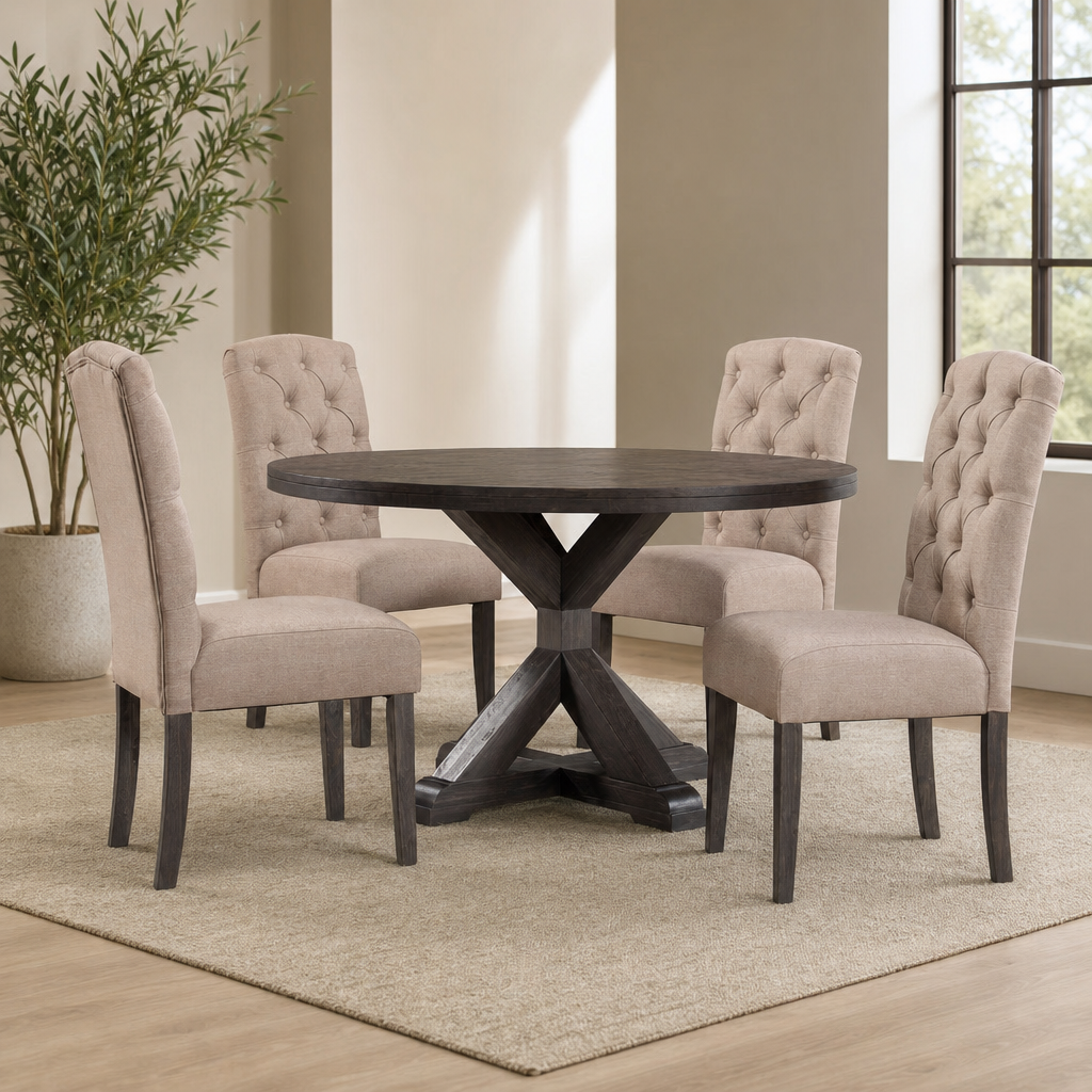 Newberry Round Dining Table centered in a warm neutral furnished room