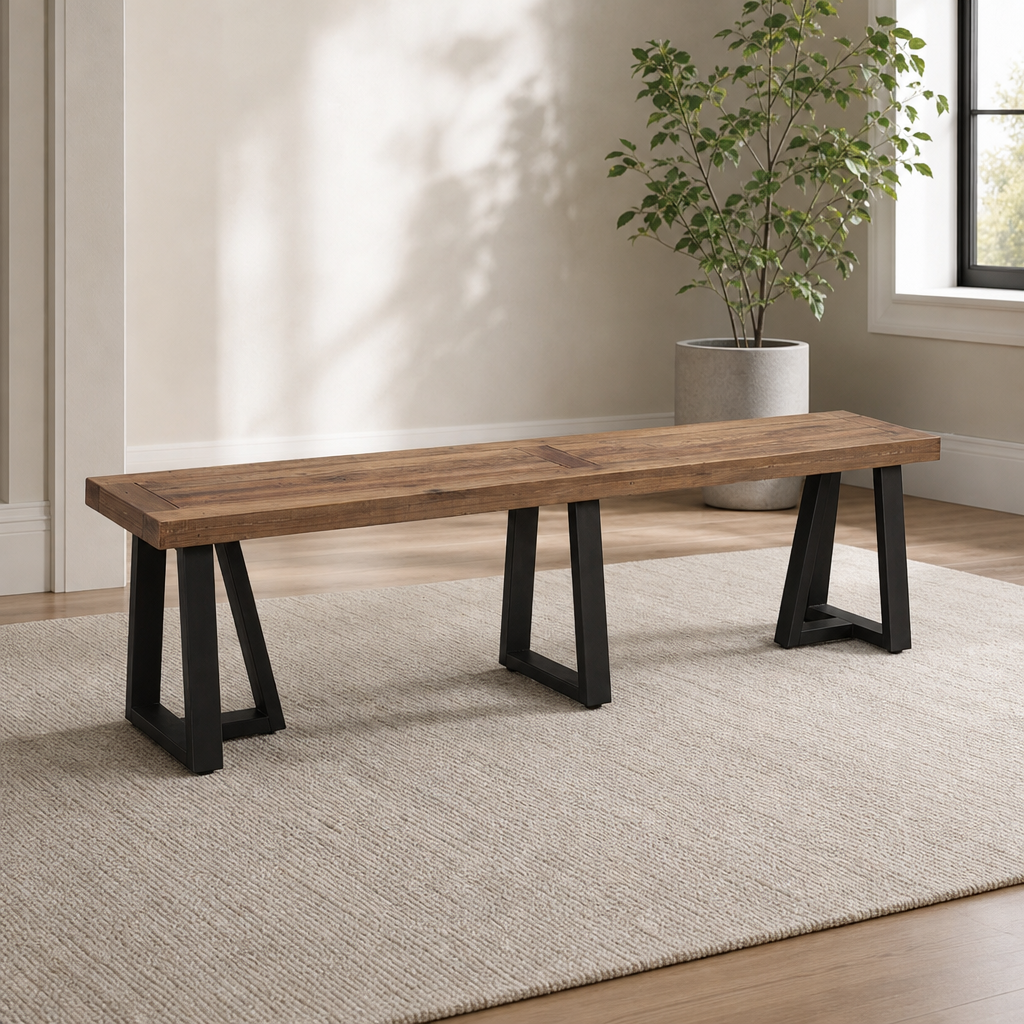Prairie Dining Bench, Natural/Black centered in a warm neutral furnished room