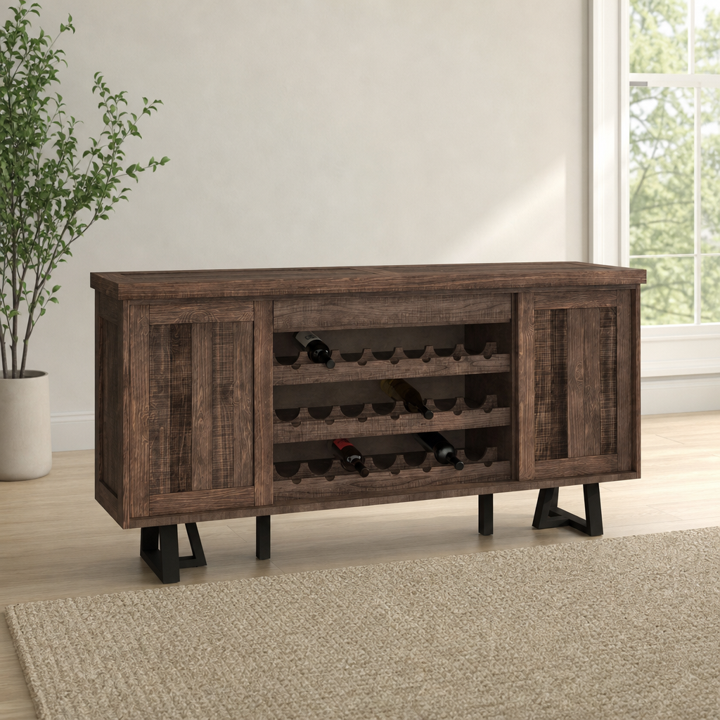 Prairie Sideboard with Wine Holder, Natural/Black centered in a warm neutral furnished room