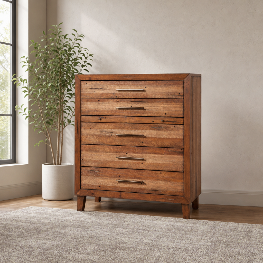 Trinidad 5 Drawer Multifunction Chest, Brown centered in a warm neutral furnished room