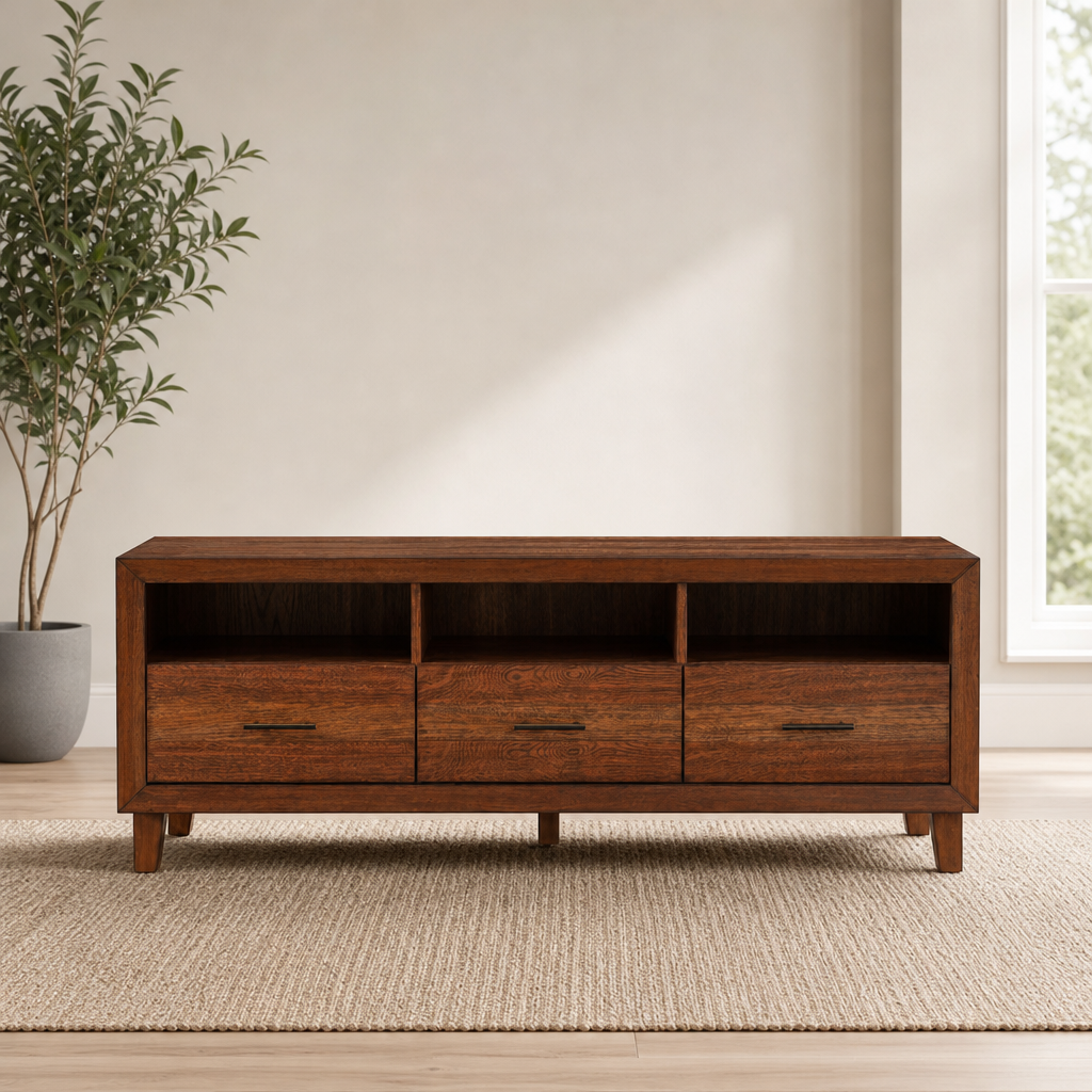 Trinidad TV Console, Toffee centered in a warm neutral furnished room