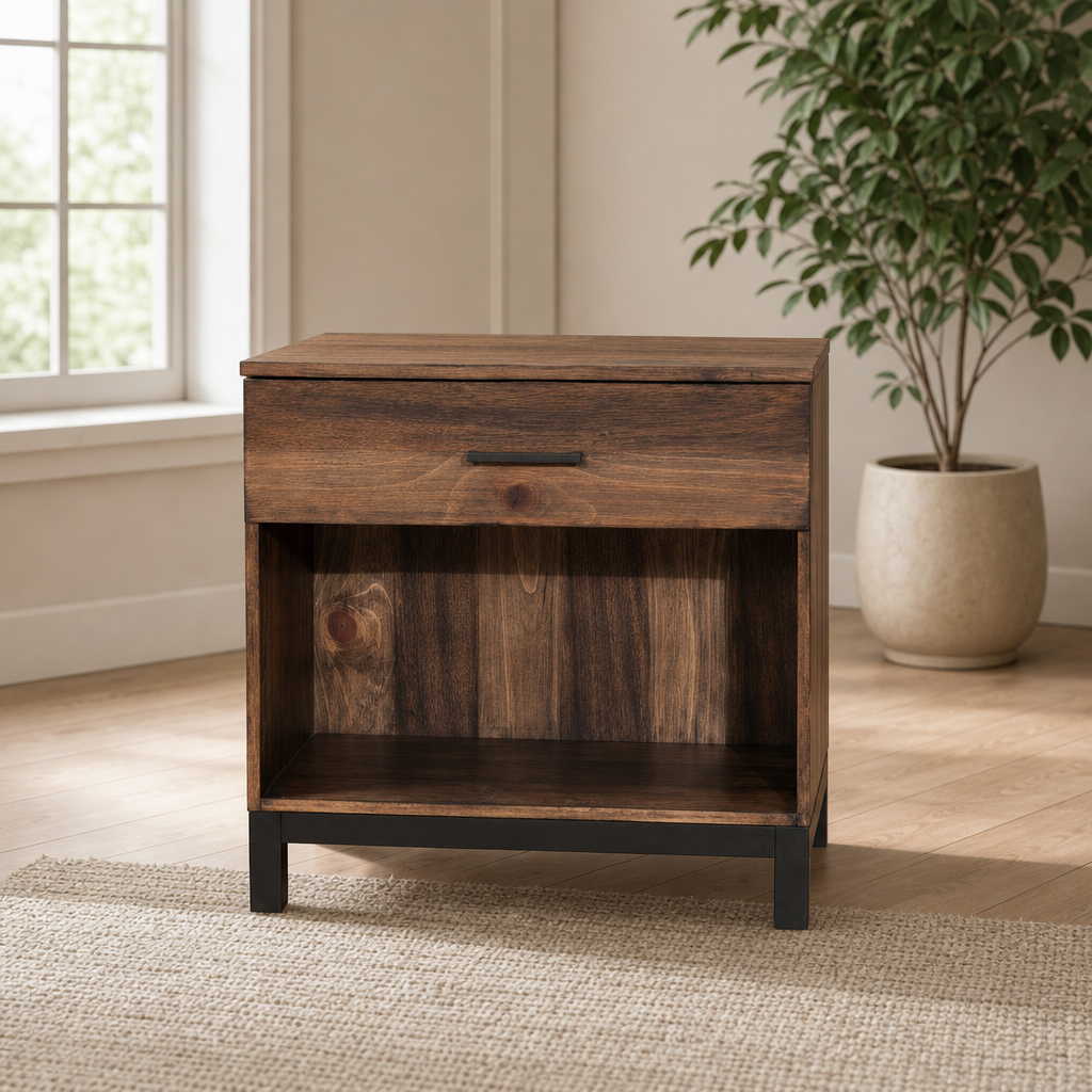 Weston Nightstand, Pine centered in a warm neutral furnished room