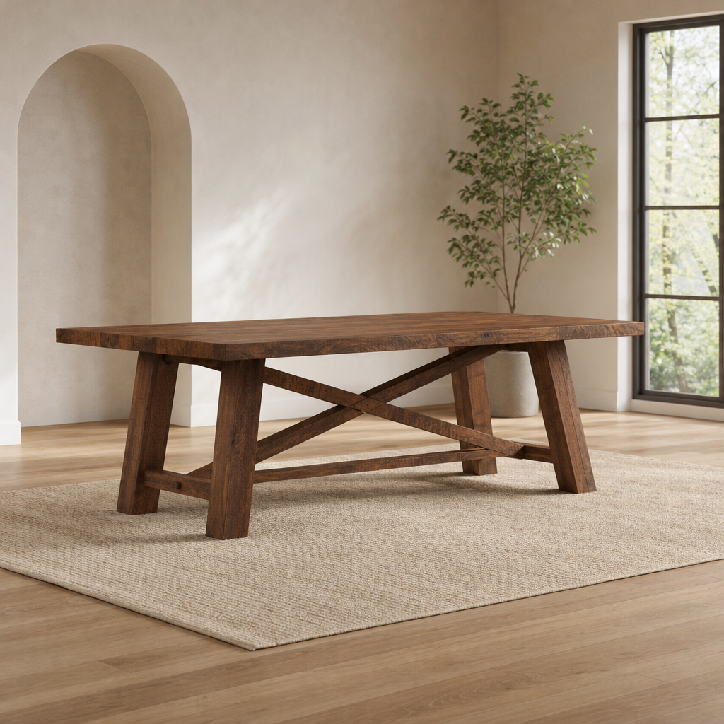 Newberry Rectangular Dining Table, Medium Brown centered in a warm neutral furnished room