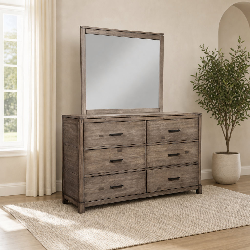 Sydney 6 Drawer Dresser, Weathered Grey centered in a warm neutral furnished room