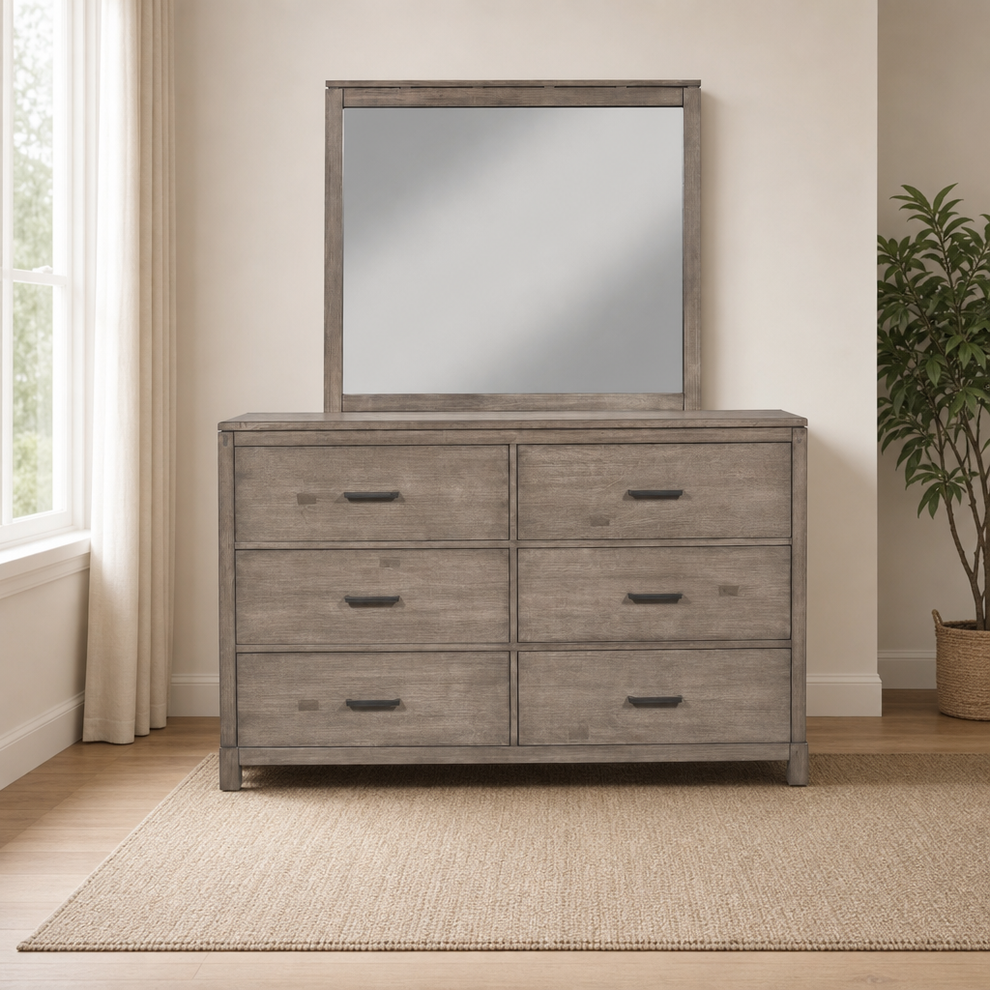 Sydney Dresser Mirror, Weathered Grey centered in a warm neutral furnished room