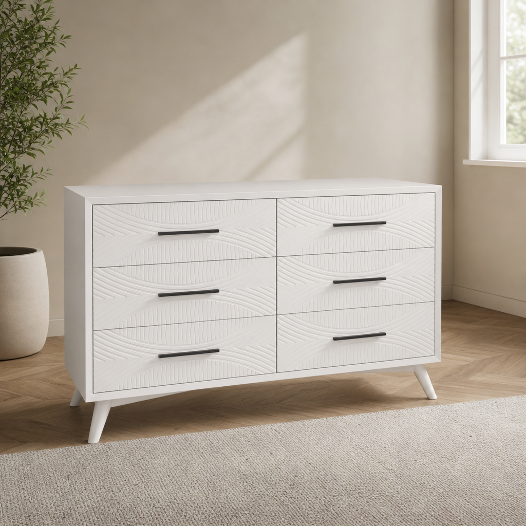 Tranquility Dresser, White centered in a warm neutral furnished room