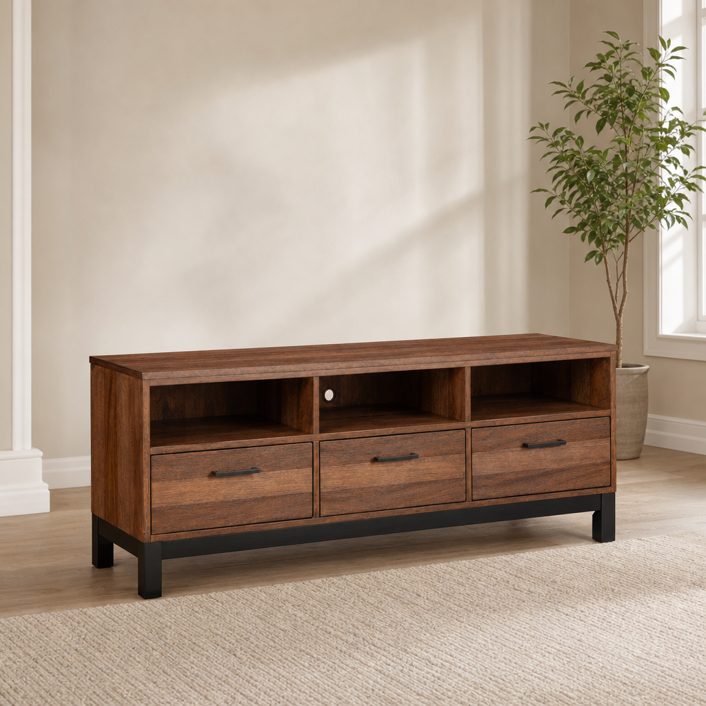 Weston TV Console, Rustic Pine centered in a warm neutral furnished room