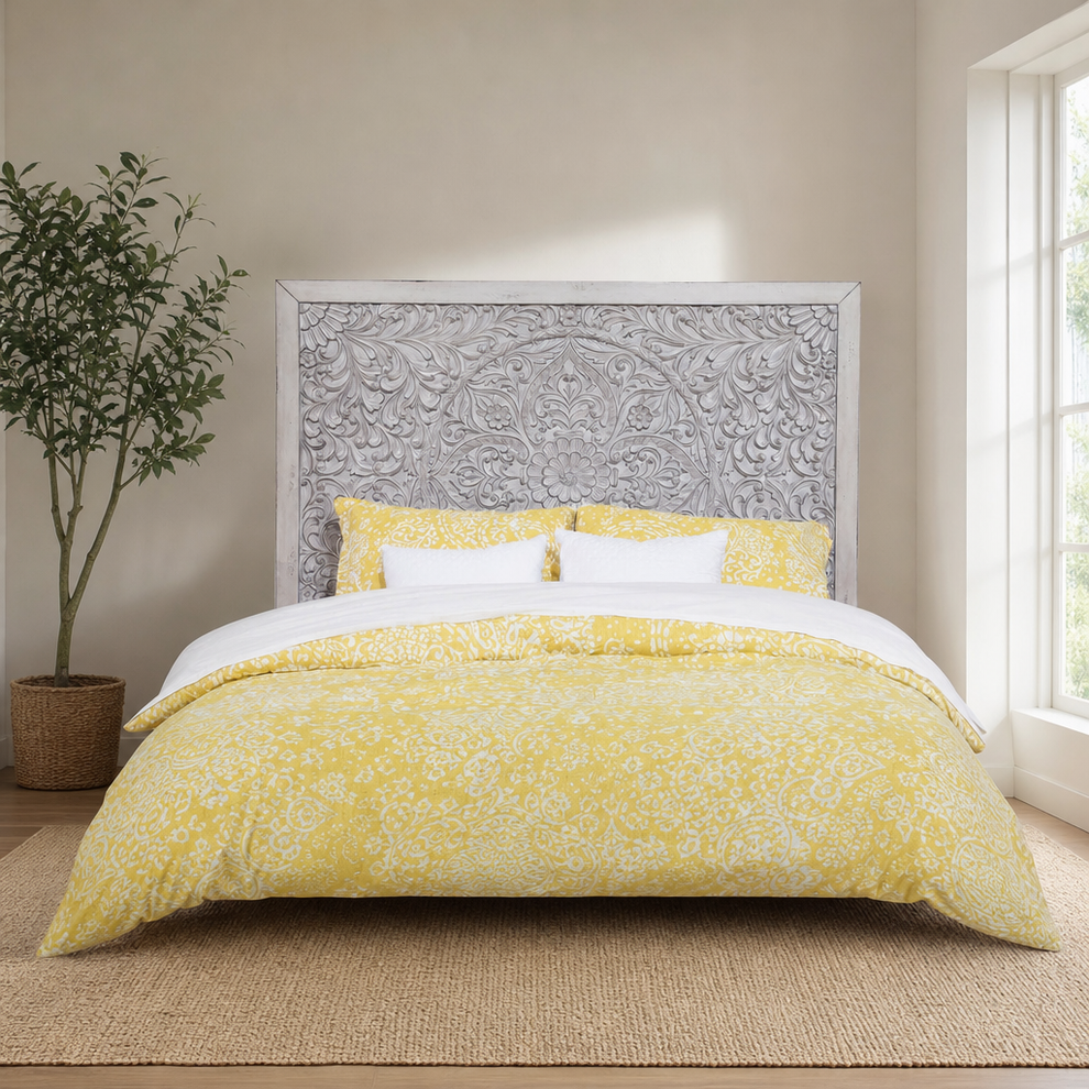 Aria Full / Queen Headboard, Gray centered in a warm neutral furnished room
