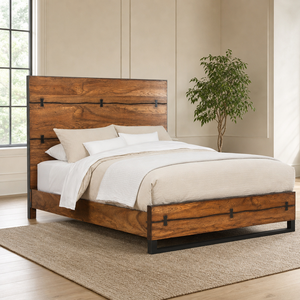 Live Edge Standard King Panel Bed, Tobacco centered in a warm neutral furnished room