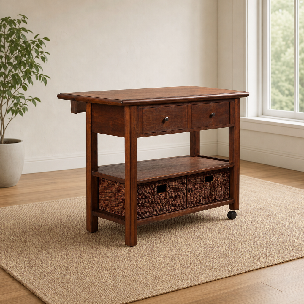 Caldwell Kitchen Cart, Antique Cappuccino centered in a warm neutral furnished room
