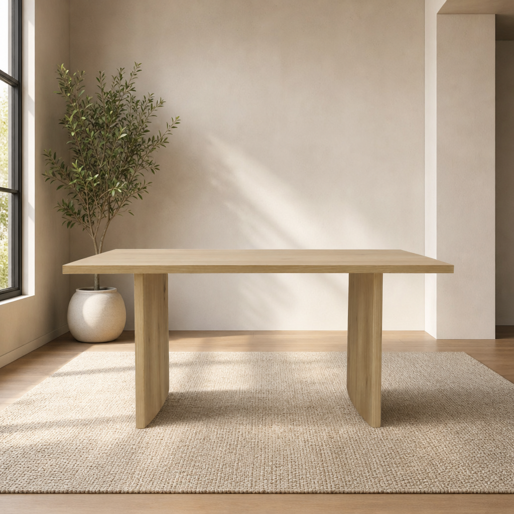 Abigail Dining Table, Natural centered in a warm neutral furnished room