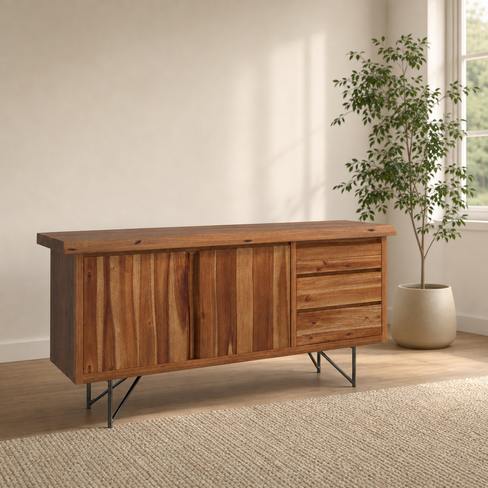 Live Edge Server, Light Walnut centered in a warm neutral furnished room