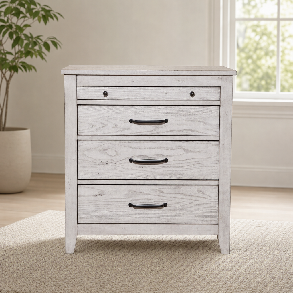 Aria 3 Drawer Nightstand, Gray centered in a warm neutral furnished room