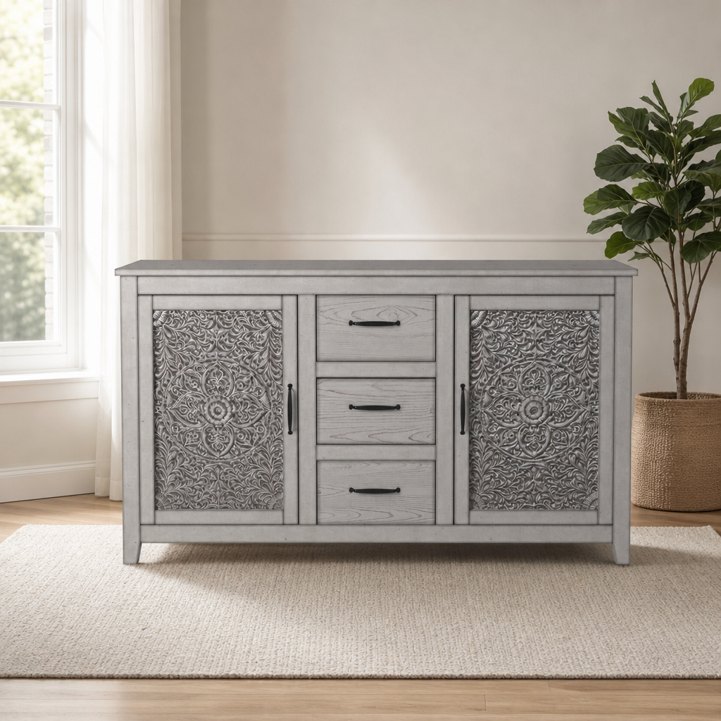 Aria Dresser with Cabinets & Drawers, Gray centered in a warm neutral furnished room