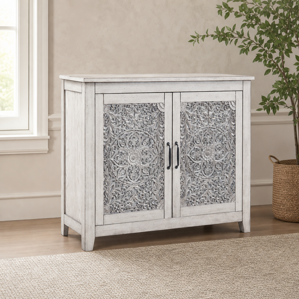 Aria Small Chest, Gray centered in a warm neutral furnished room