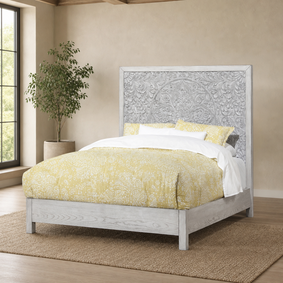 Aria California King Panel Bed, Gray centered in a warm neutral furnished room