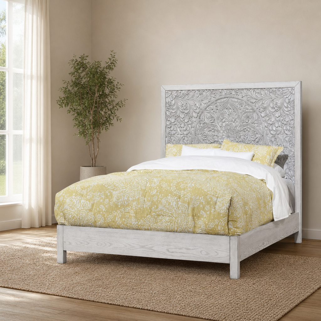 Aria Standard King Panel Bed, Gray centered in a warm neutral furnished room