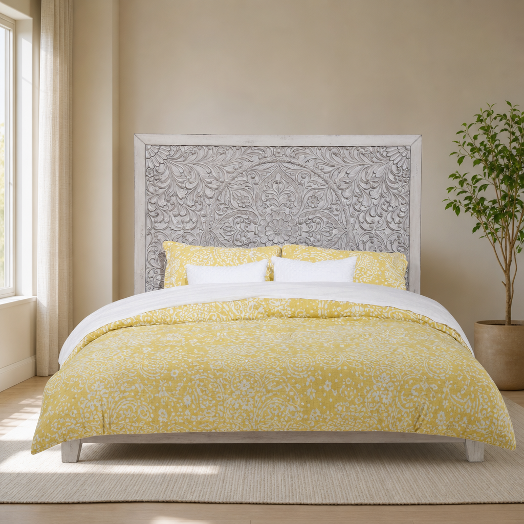 Aria Cal King / Eastern King Headboard, Gray centered in a warm neutral furnished room