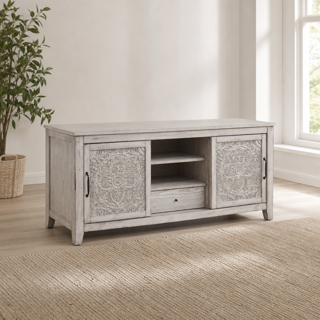 Aria TV Console, Gray centered in a warm neutral furnished room