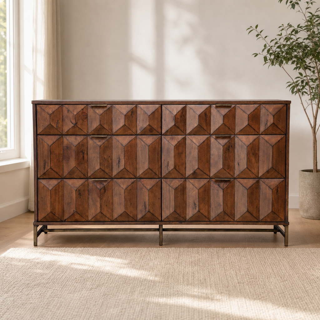 Trig 6 Drawer Dresser, Mahogany centered in a warm neutral furnished room