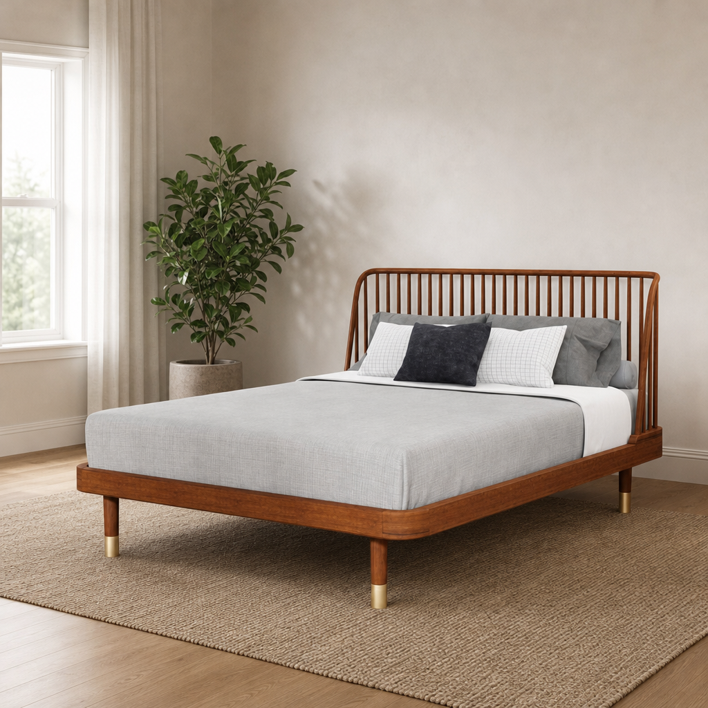 Platform Bed with Mahogany Wood and Rattan Slat Headboard centered in a warm neutral furnished room