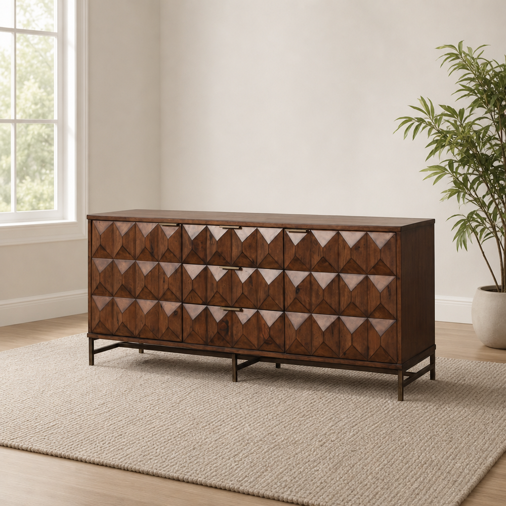 Trig TV Console for TVs Up to 70", Mahogany centered in a warm neutral furnished room