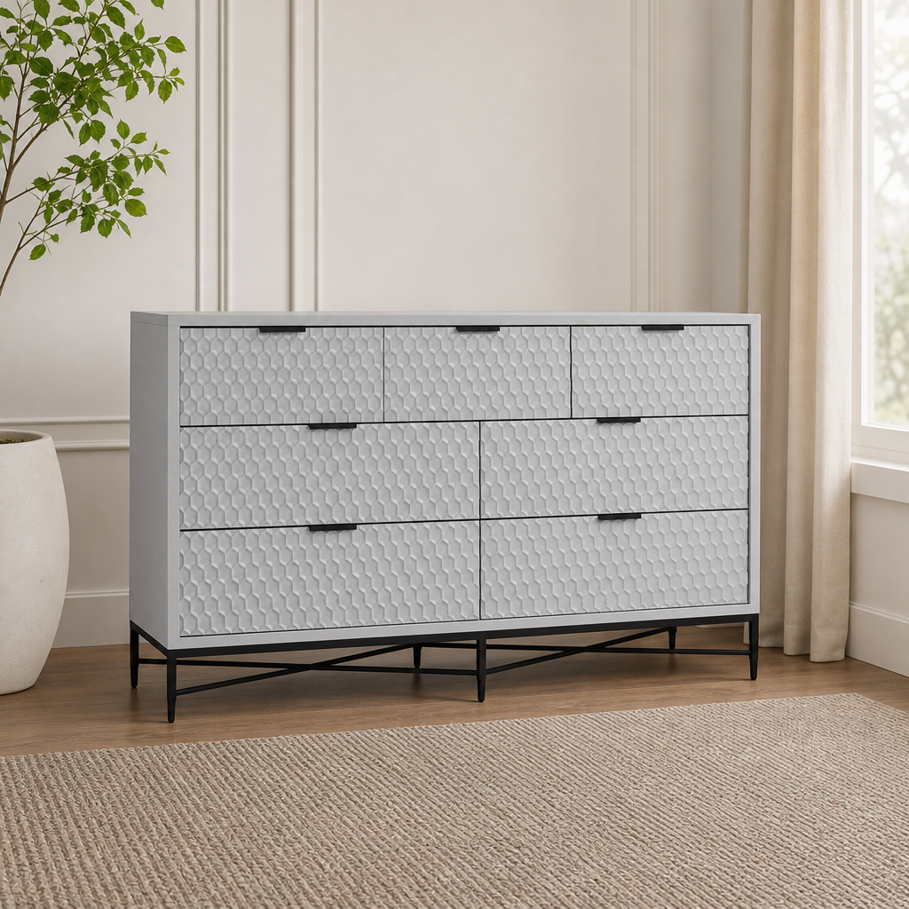Contemporary 7-Drawer Dresser centered in a warm neutral furnished room