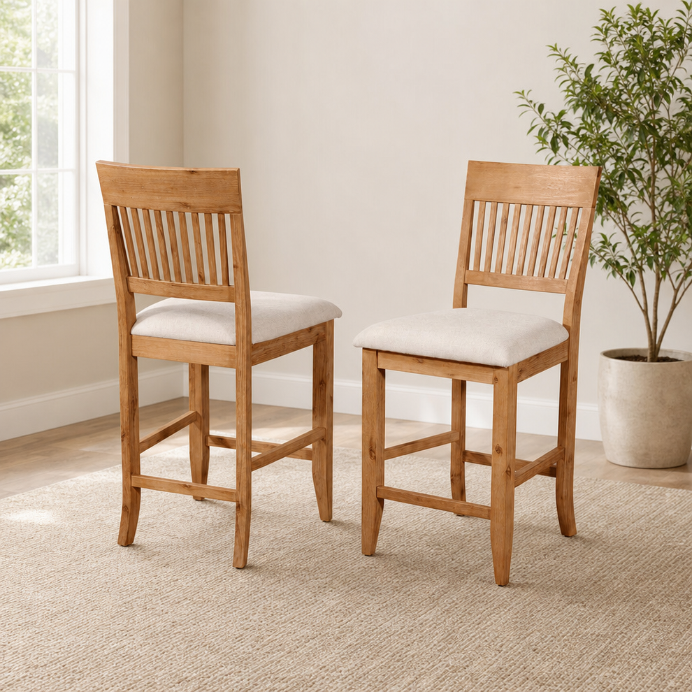 Aspen Set of 2 Pub Chairs, Antique Natural centered in a warm neutral furnished room