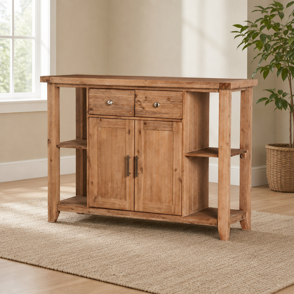 Aspen Server, Antique Natural centered in a warm neutral furnished room