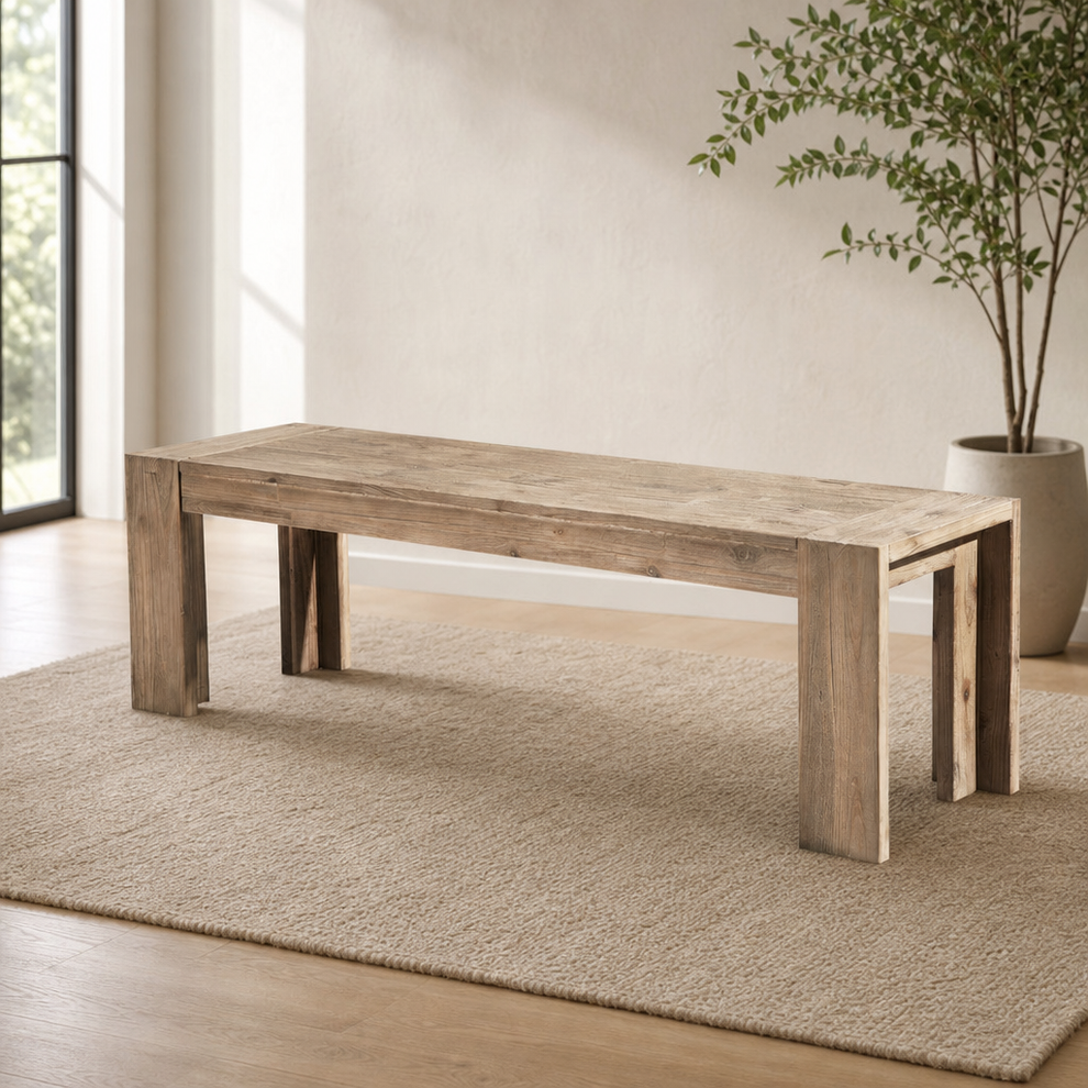 Seashore Dining Bench, Antique Natural centered in a warm neutral furnished room