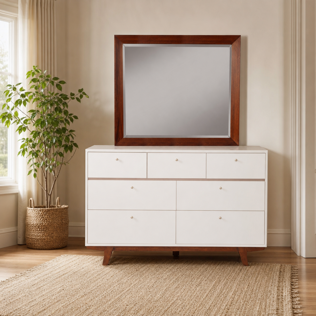 Dakota Dresser Mirror, Chestnut centered in a warm neutral furnished room