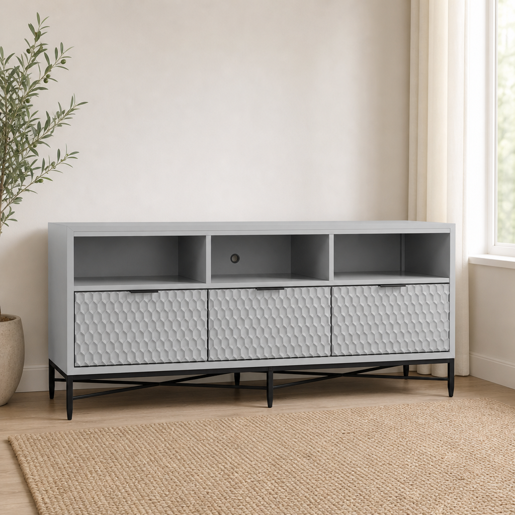 Milo TV Console centered in a warm neutral furnished room